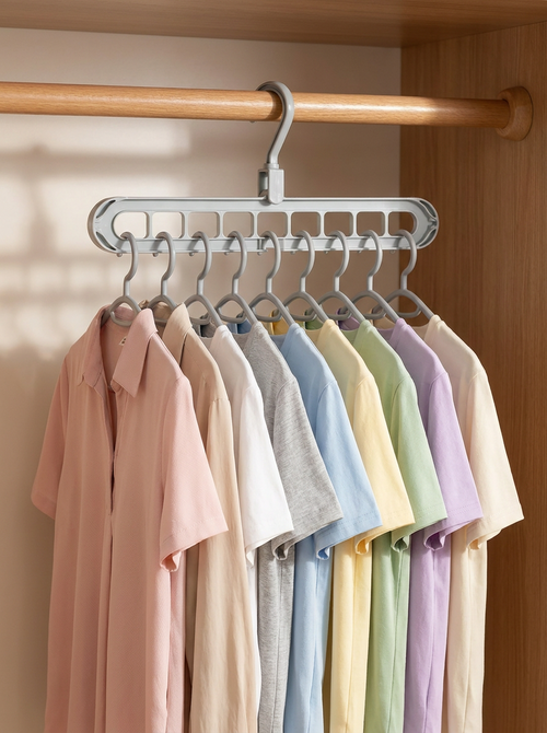 Nine-hole folding hanger on a closet rail holding nine pastel shirts