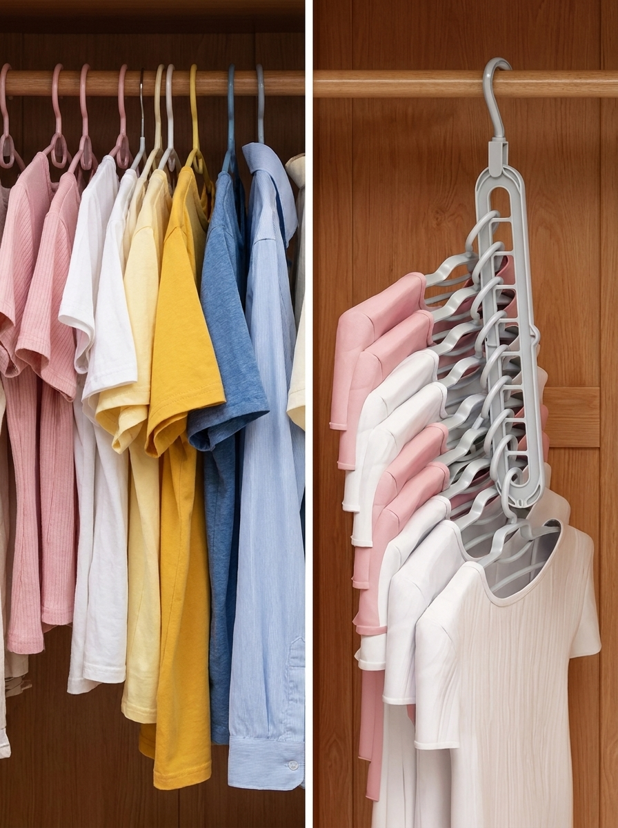 Before and after: a crowded rail beside the same shirts on one nine-hole hanger