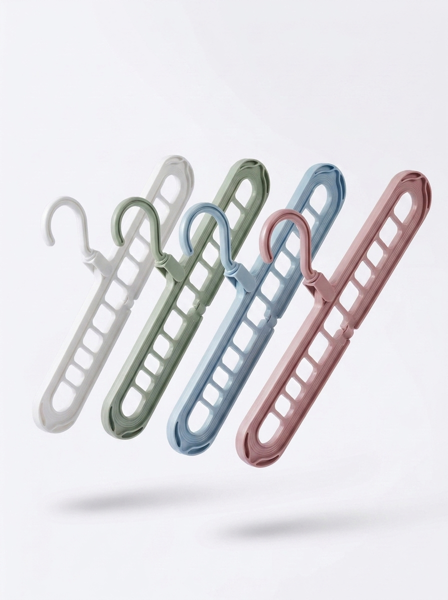 Nine-hole folding hangers in white, green, blue and pink on a plain background